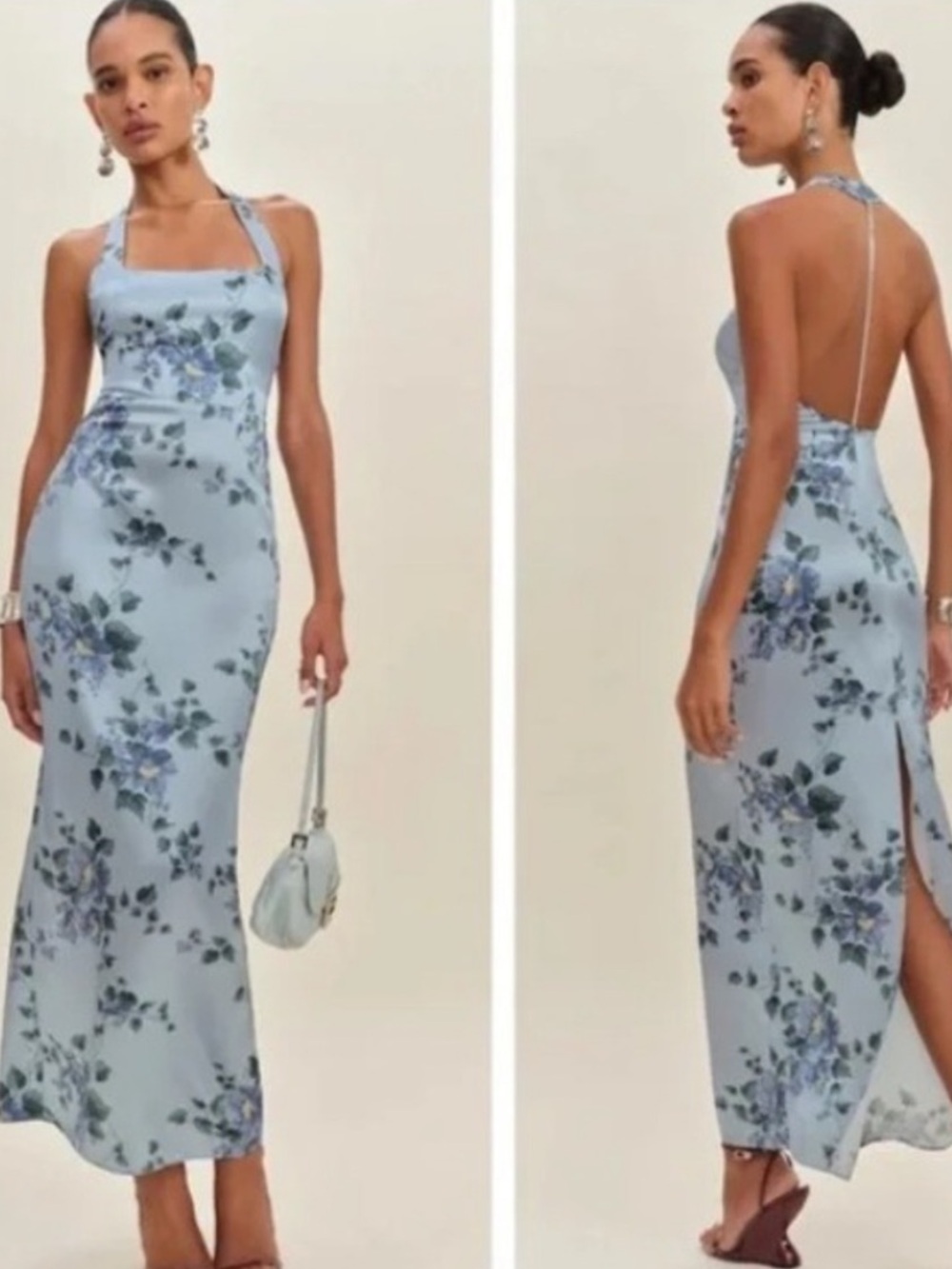 Reformation Ivan Pale Blue Floral Backless Halter Midi Dress
